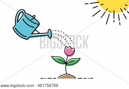 Watering A Watering Can Flower. Concept Of Plant Growth Under The Sun.