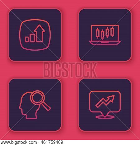 Set Line Financial Growth, Search People, Stocks Market Graphs And . Blue Square Button. Vector