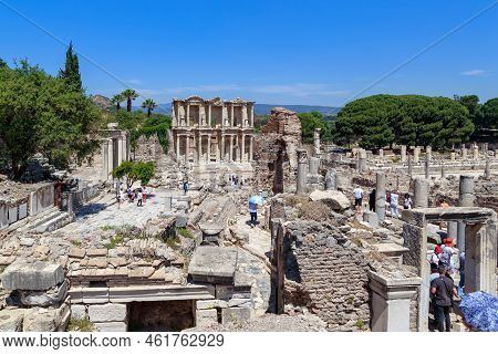 Turkey - June 4, 2021: Unidentified Tourists Inspect The Ruins Of The Ancient Hellenic Ephesus.