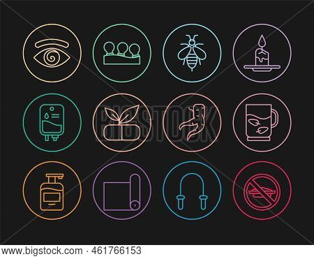 Set Line Food No Diet, Cup Of Tea And Leaf, Bee, Medical Pill With Plant, Iv Bag, Hypnosis, Ginger R