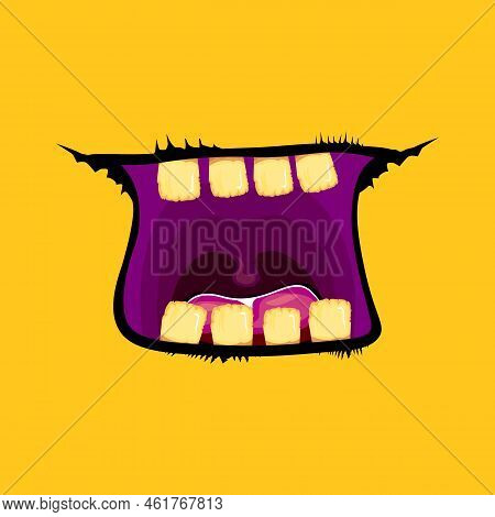 Vector Cartoon Funny Zombie Monster Open Mouth With Rotten Teeth Isolated On Orange Background. Vect
