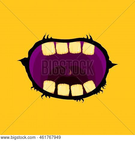Vector Cartoon Funny Zombie Monster Open Mouth With Rotten Teeth Isolated On Orange Background. Vect