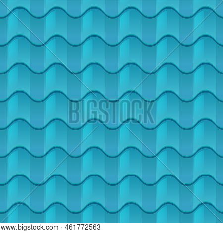 Seamless Pattern Of Roof Tiles In Blue Color Realistic Vector Illustration.