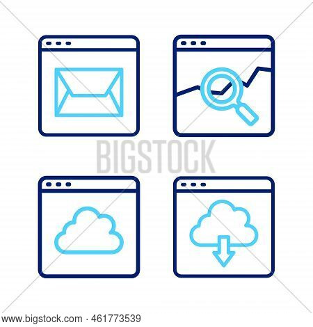 Set Line Cloud Download, Technology Data Transfer, Website With Stocks Market And And Mail Icon. Vec