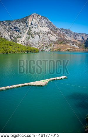 Mountain Lake. Emerald Water Reservoir Behind The Dam Oymapinar. Green Canyon In Manavgat Region, Tu