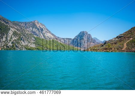 Mountain Lake. Emerald Water Reservoir Behind The Dam Oymapinar. Green Canyon In Manavgat Region, Tu