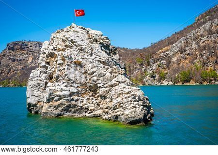 Mountain Lake. Emerald Water Reservoir Behind The Dam Oymapinar. Green Canyon In Manavgat Region, Tu