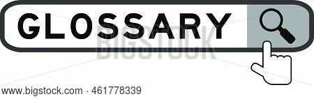Search Banner In Word Glossary With Hand Over Magnifier Icon On White Background