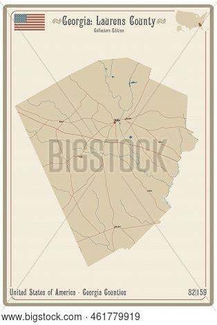 Map Of An Old Playing Card Of Laurens County In Georgia, Usa.
