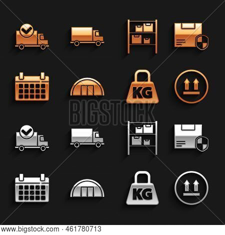 Set Warehouse, Delivery Security With Shield, This Side Up, Weight, Calendar, Truck Check Mark And C