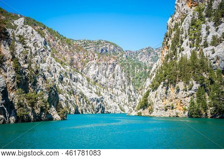 Mountain Lake. Emerald Water Reservoir Behind The Dam Oymapinar. Green Canyon In Manavgat Region, Tu