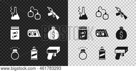 Set Glass Bong For Smoking Marijuana, Handcuffs, Submachine Gun, Diamond Ring, Paint Spray Can, Mone