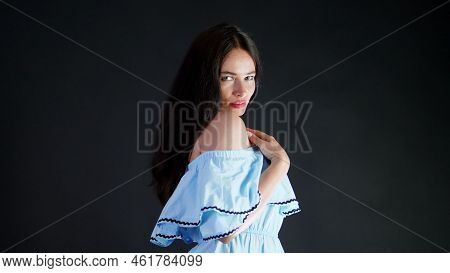 Portrait Of A Sexy Brunette Woman With Red Lips Who Eroticly And Playfully Moves And Looking Sexuall