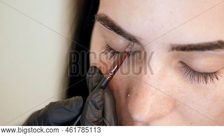 Close Up. Young Woman Gets Eyebrow Correction Procedure. Kosmetolog- Makeup Artist Applies Paint Wit