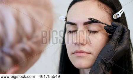 Beauty Saloon. Close-up, A Beautician In Black Rubber Gloves, Gently Combs The Eyebrows Of The Clien