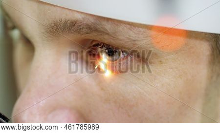 Face Close-up , Man Doing Eye Test With Non Contact Tonometer, Cheking Vision, Intraocular Pressure 