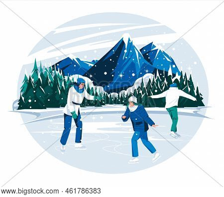 Eople Ride Skates On A Mountain Pond. Coniferous Forest, Snow, Mountain Peaks. Season Landscape. Fla