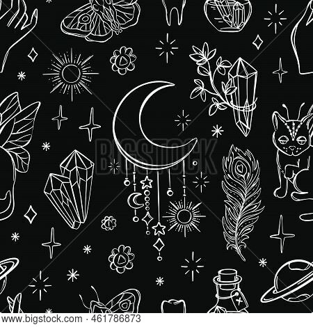 Alchemic Elements Monochrome Astrology Esoteric Occult Witchcraft Halloween Monochrome Sketch Seamle