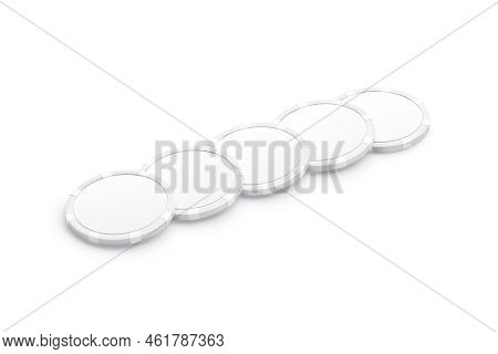 Blank White Plastic Round Chip Mockup Lying Row, Side View, 3d Rendering. Empty Five Money Token For