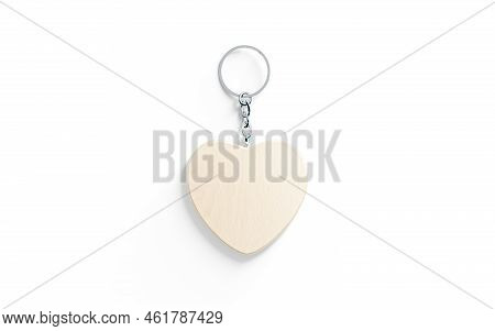 Blank Wooden Heart Tag On Chain Mockup, Top View, 3d Rendering. Empty Wooden Pendant For Pyrogravure