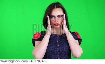 Green Background, Chromeakey. Portrait Of A Sexy Brunette Woman With Red Lips, In Stylish Glasses, S