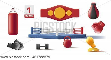 Set Of 3d Boxing Stuff Like Ring And Gloves