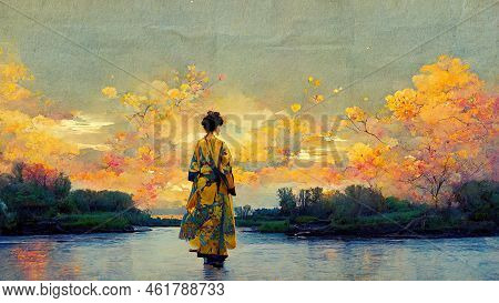Traditional Young Girl In Yellow Kimono Standing At The Lake, Sunset - Painted In Oil Style