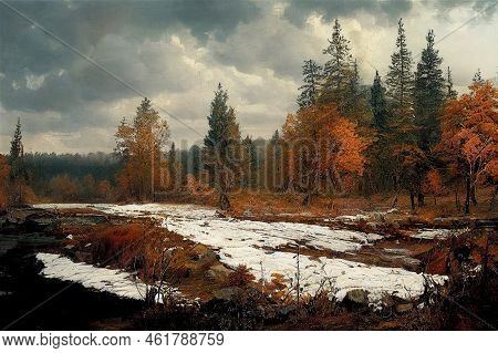 Autumn Scene With Snow On The Ground - Oil