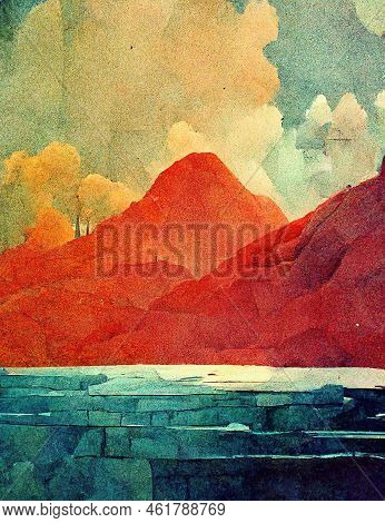 Poster Illustration For Tourism Of Ancient Places, Greek, Europe Illustration Mountain And Water - C