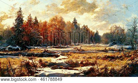 Landscape Autumn Painting, Winter Starting Scene - Brown White Snow
