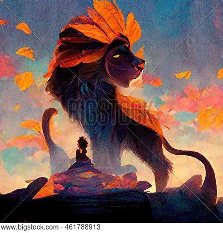 Lion Fantasy Illustration With Father And Son, Concept Art - Book Cover Illustration