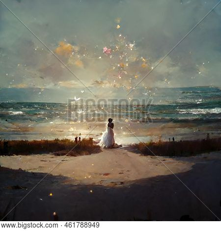 Lonely Bride Is Waiting For Her Groom At The Beach And Watching The Ocean - Concept Art Design