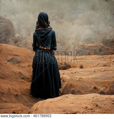Photorealistic Illustration Of An Arab Woman From Back - Illustration Desert