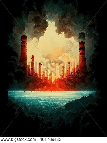 Energy Crisis Dangerous Way, Sky Becoming Dark Clouds Of Industry, Asbtract Illustration - Concept