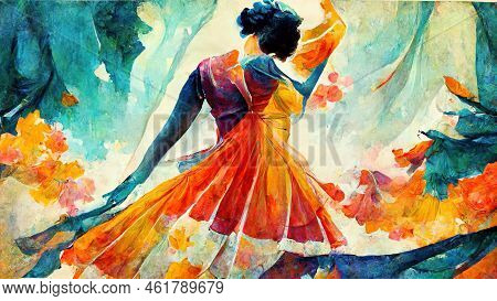Woman Dancing On A A Traditional Dance Contest, Colorful Dress - Cocnept