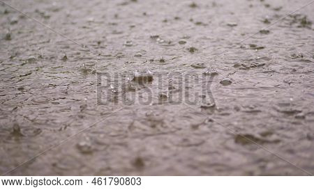Close-up, View From Above, Large, Heavy Drops Of Rain, Shower, Fall With Water Splashes, Bubbles, On