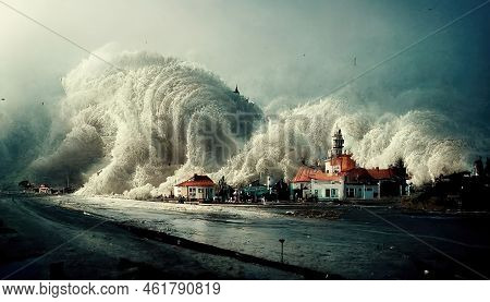 Tsunami Destroys A Small Town, Illustration Earthquake Waves - Painting