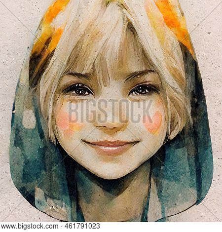 Beautiul Young Woman Portrait With Blond Hair And A Heart Art On Her Cheeks In Concept Manga Art - C