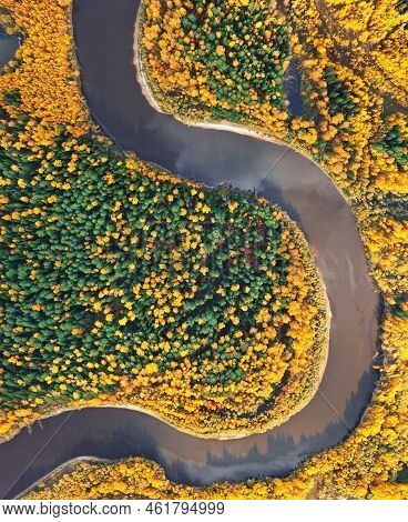 Aerial Photography Of Landscape In Western Siberia. Agan River. Autumn Landscape. Bird's Eye View.