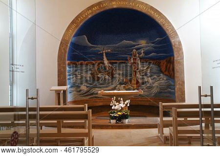 Tiberias, Israel  - May 27, 2022 : The Modern Church Named Duc In Altum That Means Swim Deeper Near 