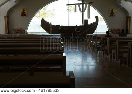 Tiberias, Israel  - May 27, 2022 : The Modern Church Named Duc In Altum That Means Swim Deeper Near 