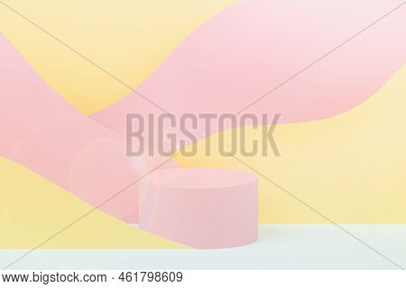 Circle Pink Podium Mockup, Abstract Mountain Landscape - Pastel Pink, Yellow, Mint Color Slopes, Sun