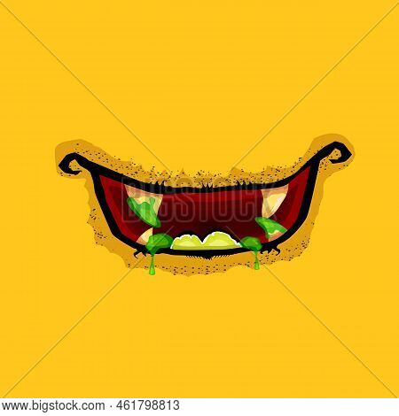 Vector Cartoon Funny Zombie Monster Open Mouth With Drooling Green Slime Isolated On Orange Backgrou