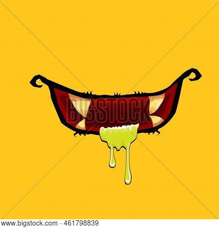 Vector Cartoon Funny Zombie Monster Open Mouth With Drooling Green Slime Isolated On Orange Backgrou