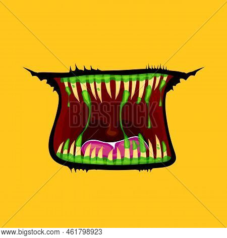 Vector Cartoon Funny Zombie Monster Open Mouth With Drooling Green Slime Isolated On Orange Backgrou