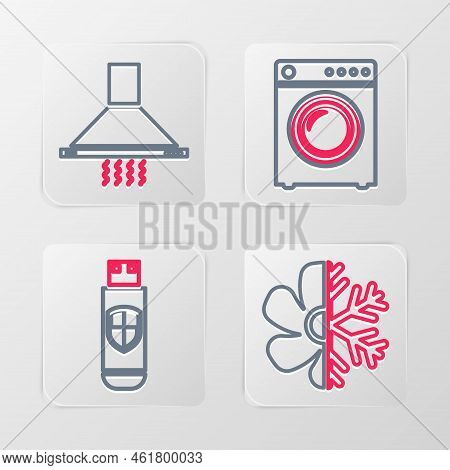 Set Line Air Conditioner, Usb Flash Drive And Shield, Washer And Kitchen Extractor Fan Icon. Vector