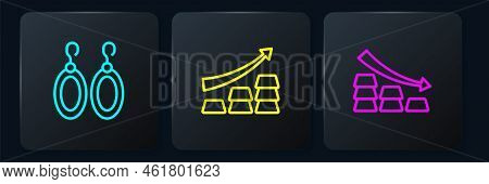 Set Line Earrings, Falling Arrow With Gold Bars And Growth. Black Square Button. Vector