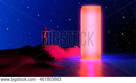 80s Styled Landscape With Human Reaching Out To Touch Mysterious Neon Shiny Obelisk. Sci-fi Abstract