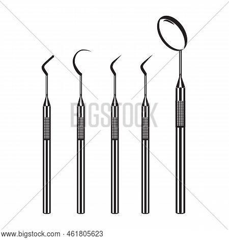 Dental Tools Black Silhouettes. Dentist Instrument Mouth Mirror, Plugger, Vector