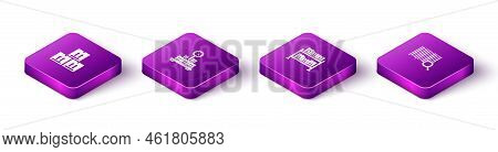Set Isometric Cardboard Box With Traffic, Scale Cardboard, Warehouse And Search Barcode Icon. Vector